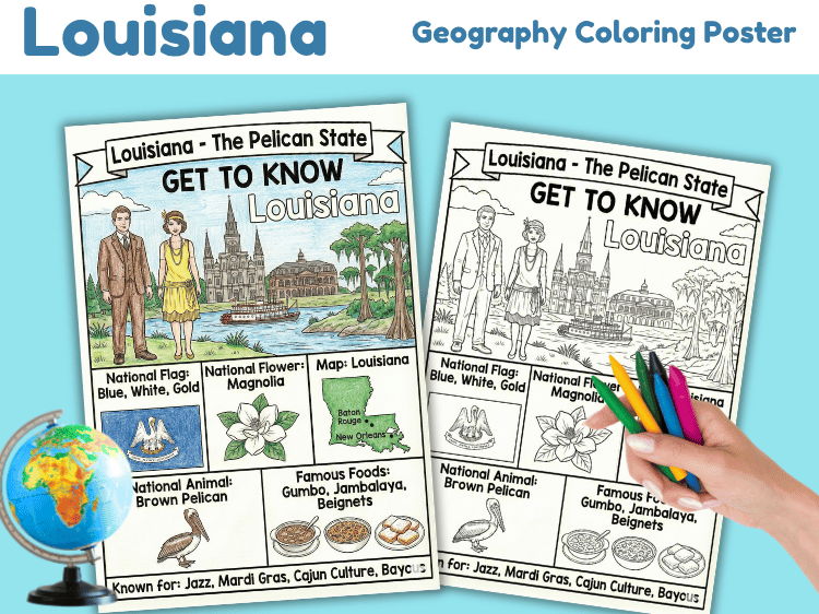 Louisiana Geography Coloring Poster | State Facts & Symbols