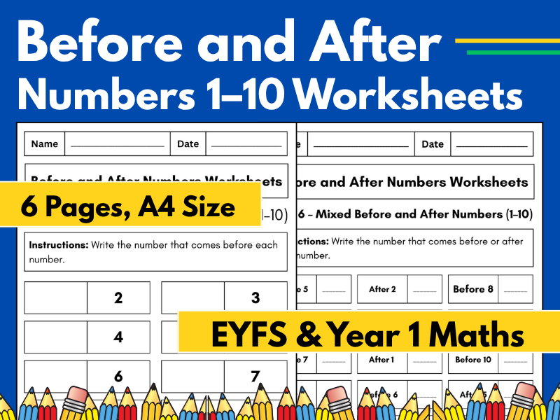 Before and After Numbers 1–10 Worksheets | Number Sequencing | EYFS & Year 1 Maths