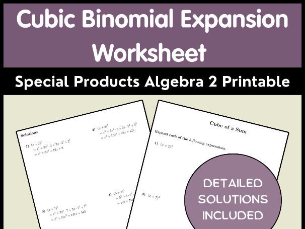 Cubic Binomial Expansion Worksheet | Special Products Algebra 2 Printable