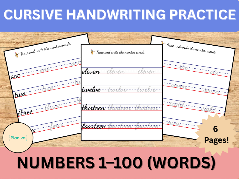 Cursive Handwriting Practice – Numbers 1–100 (Words)