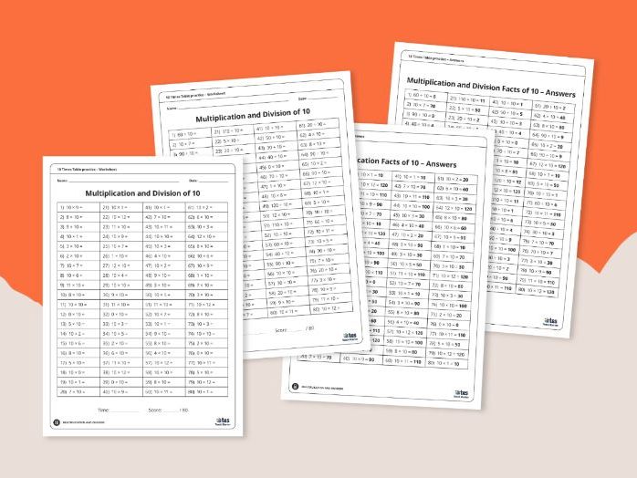 Multiplication and division practice worksheets for the 10 times table