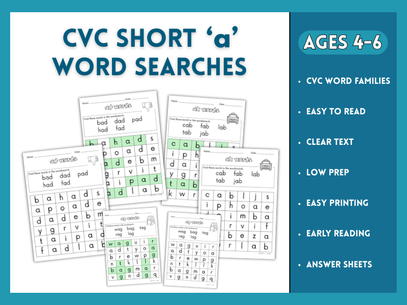 CVC Word Searches - Short Vowel 'a' Family