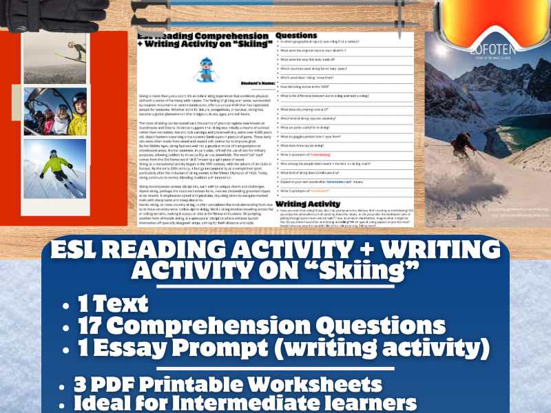 ESL Reading Comprehension + Writing Activity Worksheets on "Skiing"