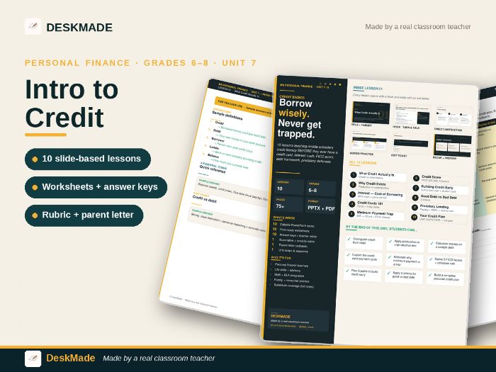 Middle School Credit | Personal Finance Unit 7 | 10 Lessons