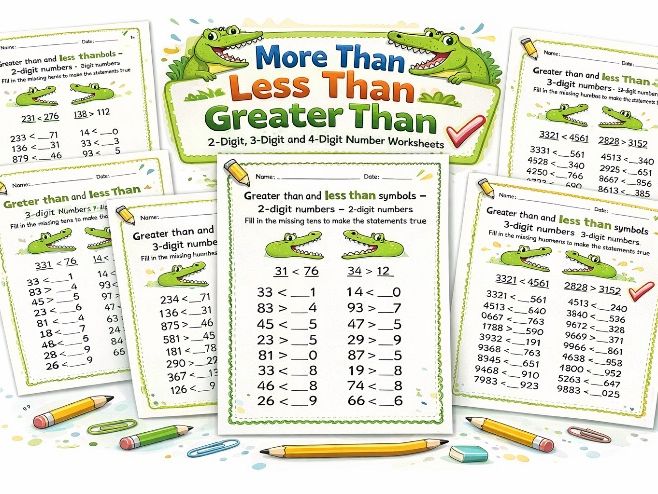 More than less than greater than Y3 Y4 2-digit 3-digit and 4-digit number worksheets LKS2