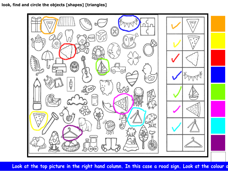 look, find and circle the objects [shapes] [triangles]