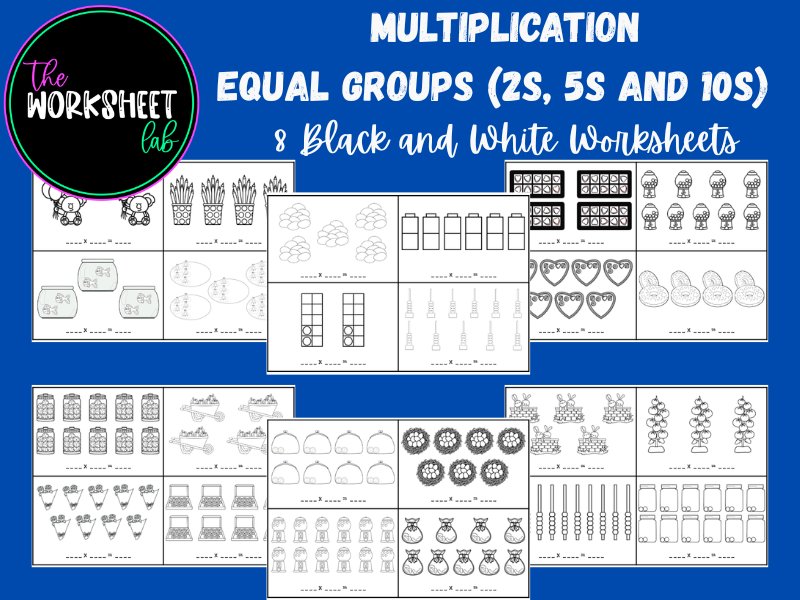 Multiplication - Equal Groups (by 2s, 5s and 10s) Worksheets in Black and White