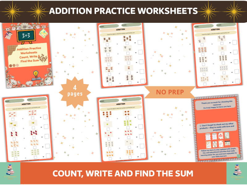 Addition Practice Worksheets | Count, Write & Find the Sum