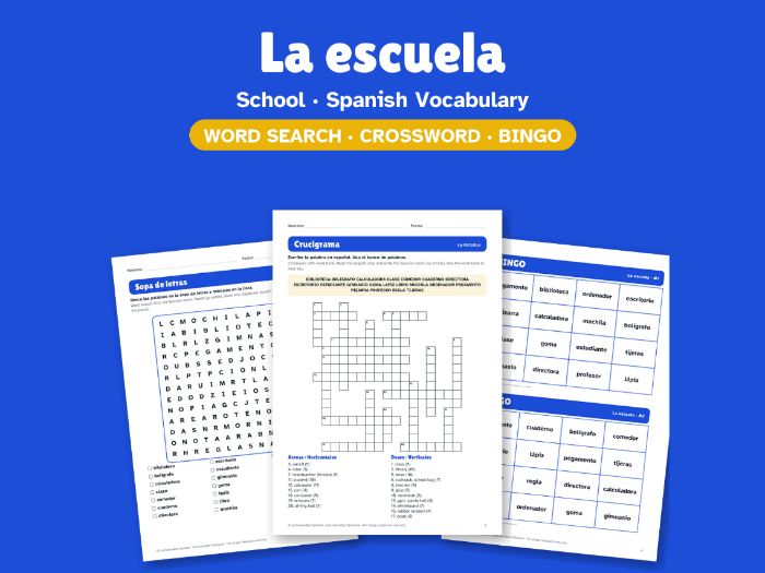 School in Spanish: Word Search, Crossword & Bingo