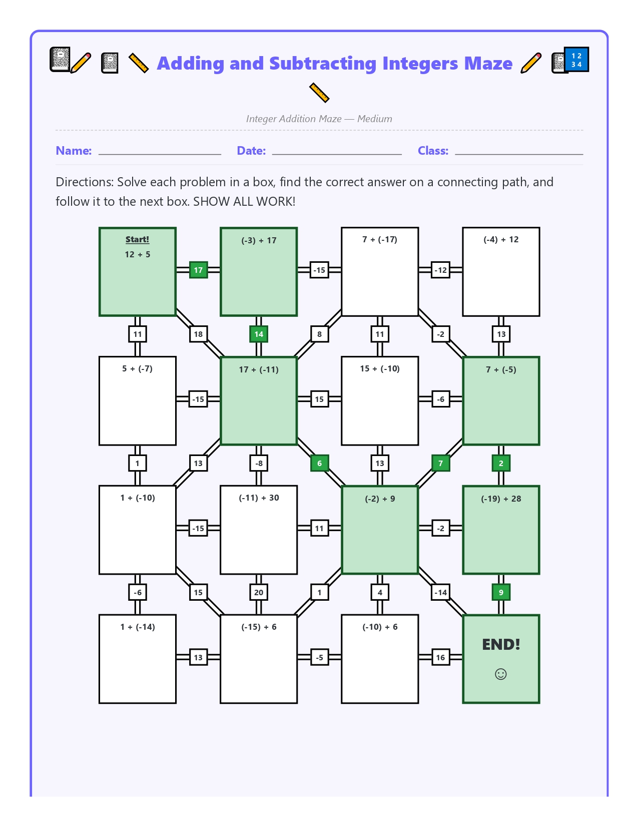 Integer Operations Addition & Subtraction Maze Pack of 4 Differentiated ...