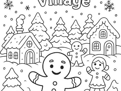 Gingerbread Winter Village Colouring Page