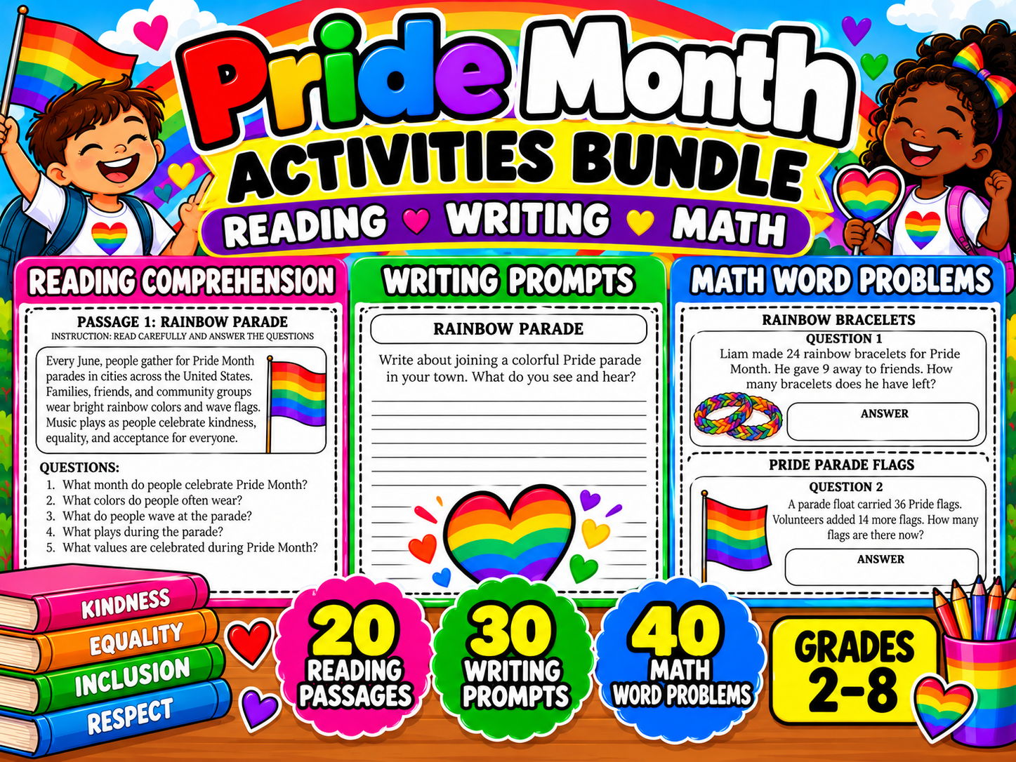 Pride Month Activities Bundle | Reading Comprehension, Writing Prompts and Math Worksheets