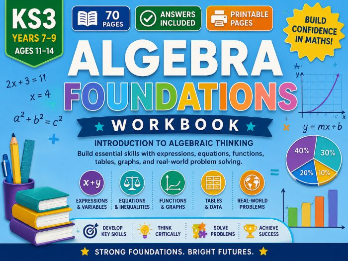 KS3 Algebra Foundations Workbook | Expressions, Equations & Graphs | Years 7–9 | 70 Pages