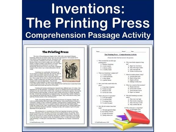 Inventions: The Printing Press - Biology Reading Comp Passage & Activity | Editable