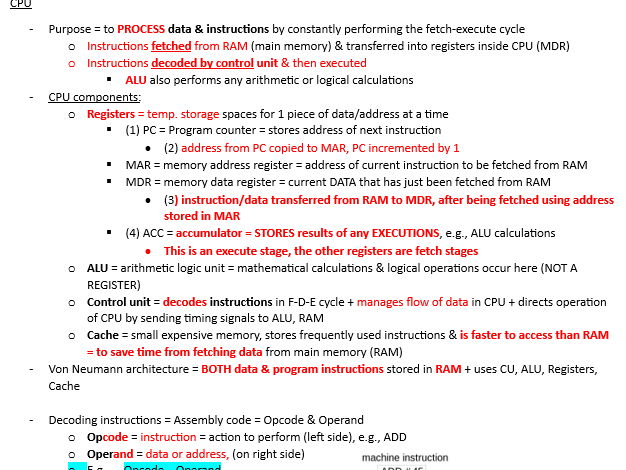 CPU revision sheet - GCSE OCR J277 Computer Science