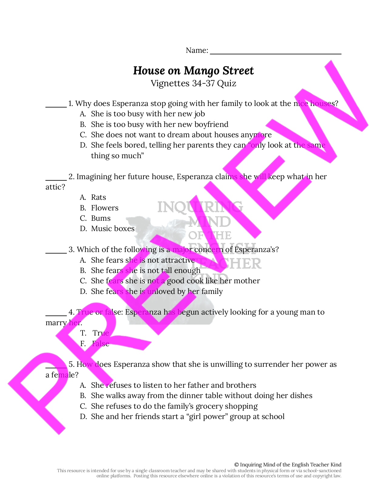 House on Mango Street Quiz on 3437 Teaching Resources