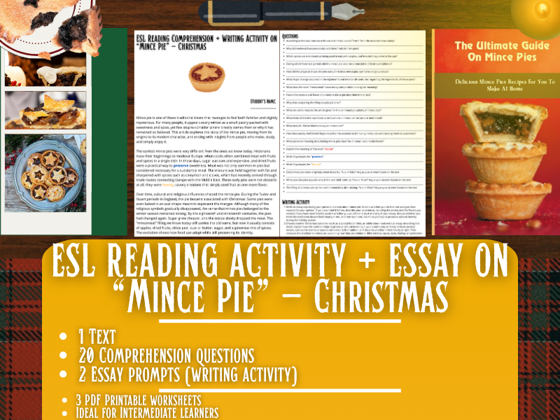 ESL Reading Comprehension + Writing Activity Worksheets - Mince Pie - Christmas