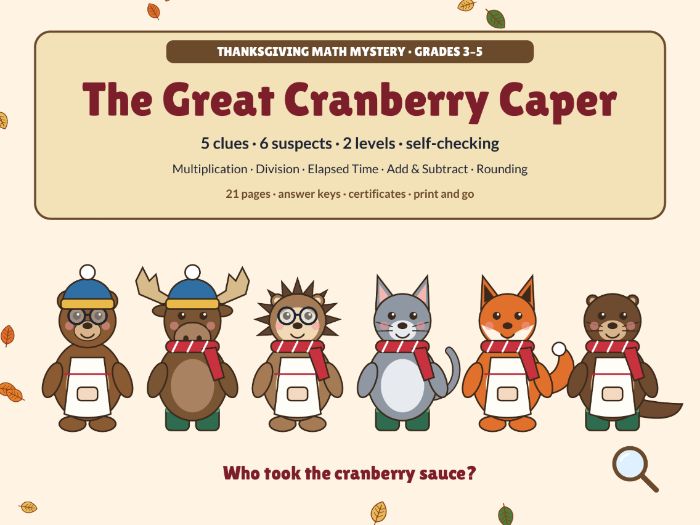Thanksgiving Math Mystery: The Great Cranberry Caper | 2 Levels | Grades 3-5 Word Problems