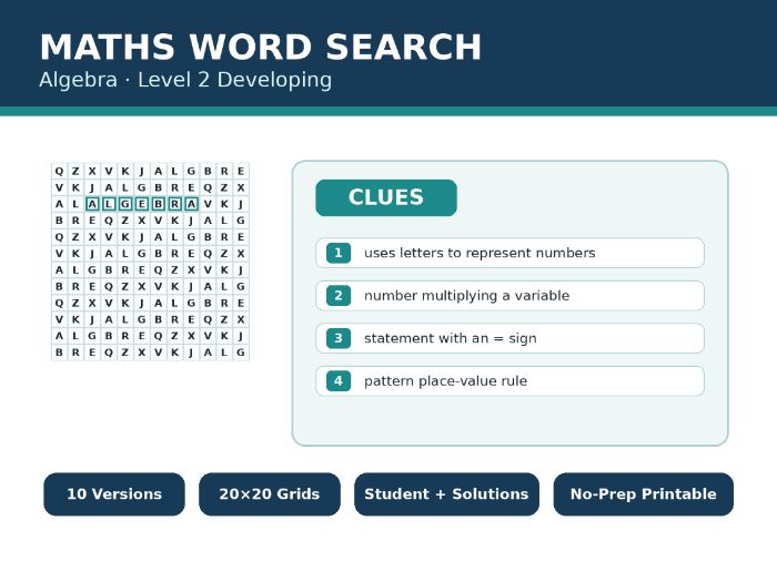 Algebra Level 2 Maths Word Search | 10 Printable Vocabulary Puzzles with Solutions