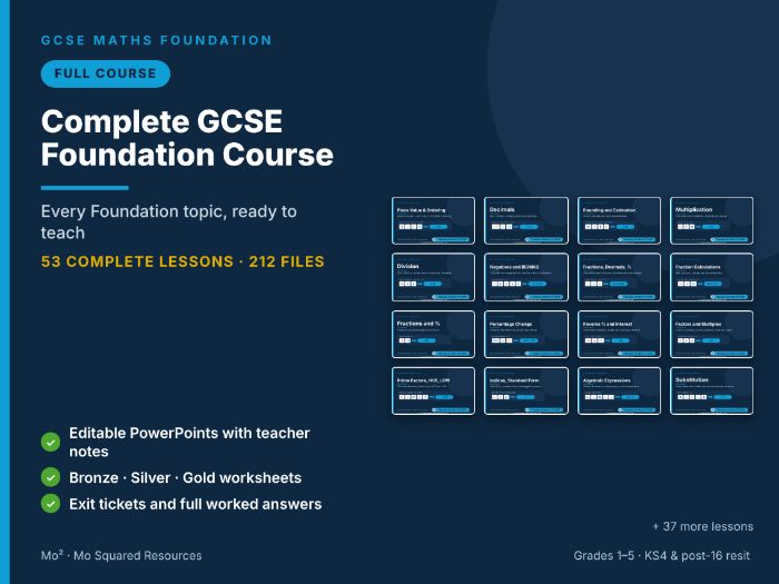 Complete GCSE Maths Foundation Course – 53 Lessons with Worksheets, Exit Tickets & Answers