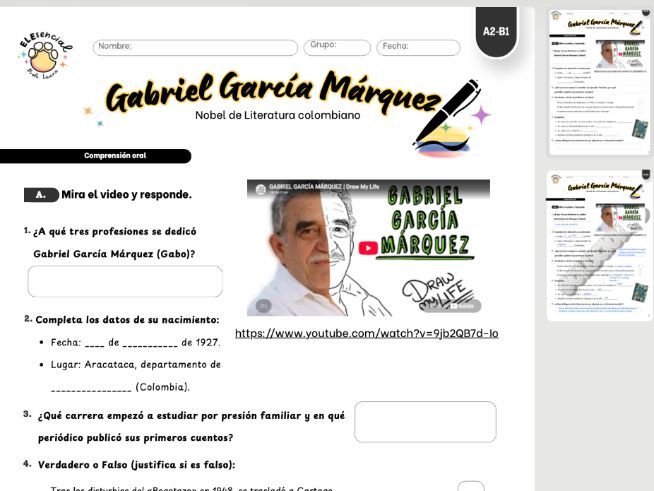 A2-B1 Spanish Listening Comprehension Worksheet: Gabriel García Márquez
