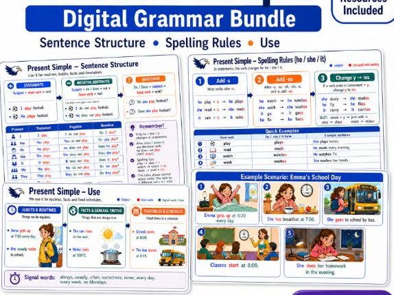 Present Simple: Use, Sentence Structure, Spelling rules, Vocabulary words & Exercises