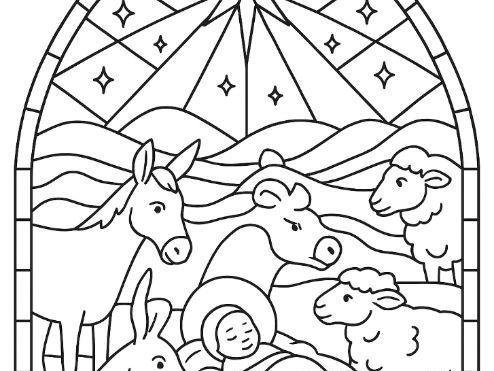 Nativity Animals Christmas stained glass Colouring sheet Jesus in Manger/ Crib