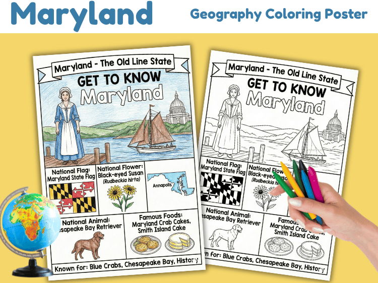 Maryland Geography Coloring Poster | State Facts & Symbols