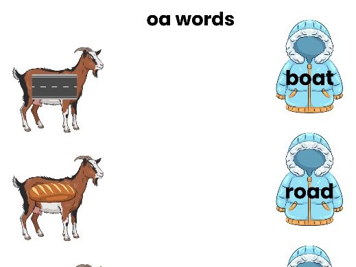 Phase 3 OA Digraph Worksheet – Match the Picture to the Word (Goat & Coat)