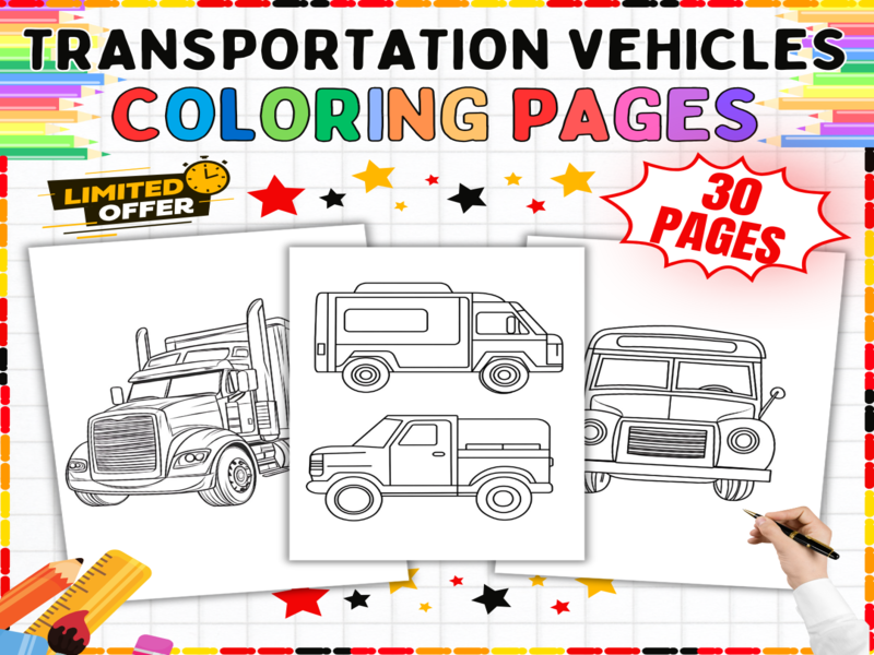 Transportation Vehicles Colouring Pages | 30 Cars Trucks Vans Buses | Travel Educational Activities