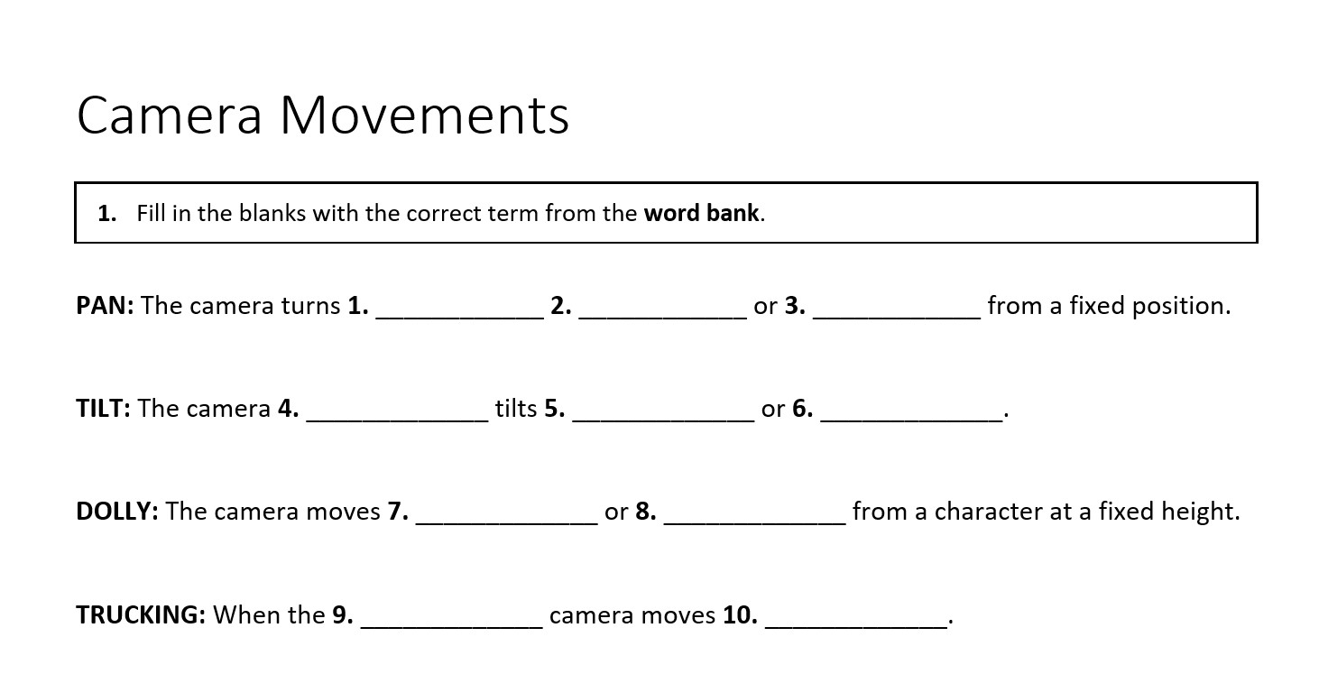 Percy Jackson Camera Movements Cinematic Film Techniques Teaching Resources