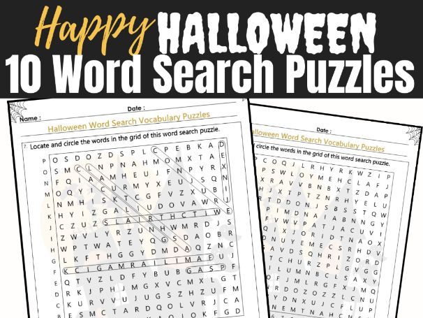 Halloween Word Search Puzzles – 10 Printable Games with Solutions | No Prep Fun Trivia Vocabulary