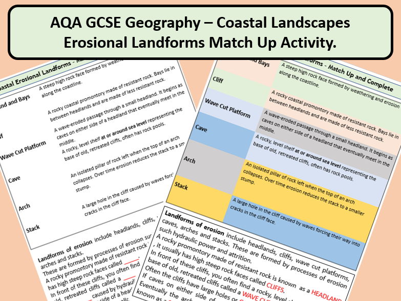 AQA Coastal Landscapes - Erosional Landforms Match up Activity Worksheet