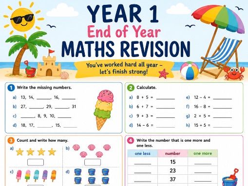 Year 1 End of Year Maths Revision Worksheet | Summer-Themed Maths Activity | KS1 Printable PDF
