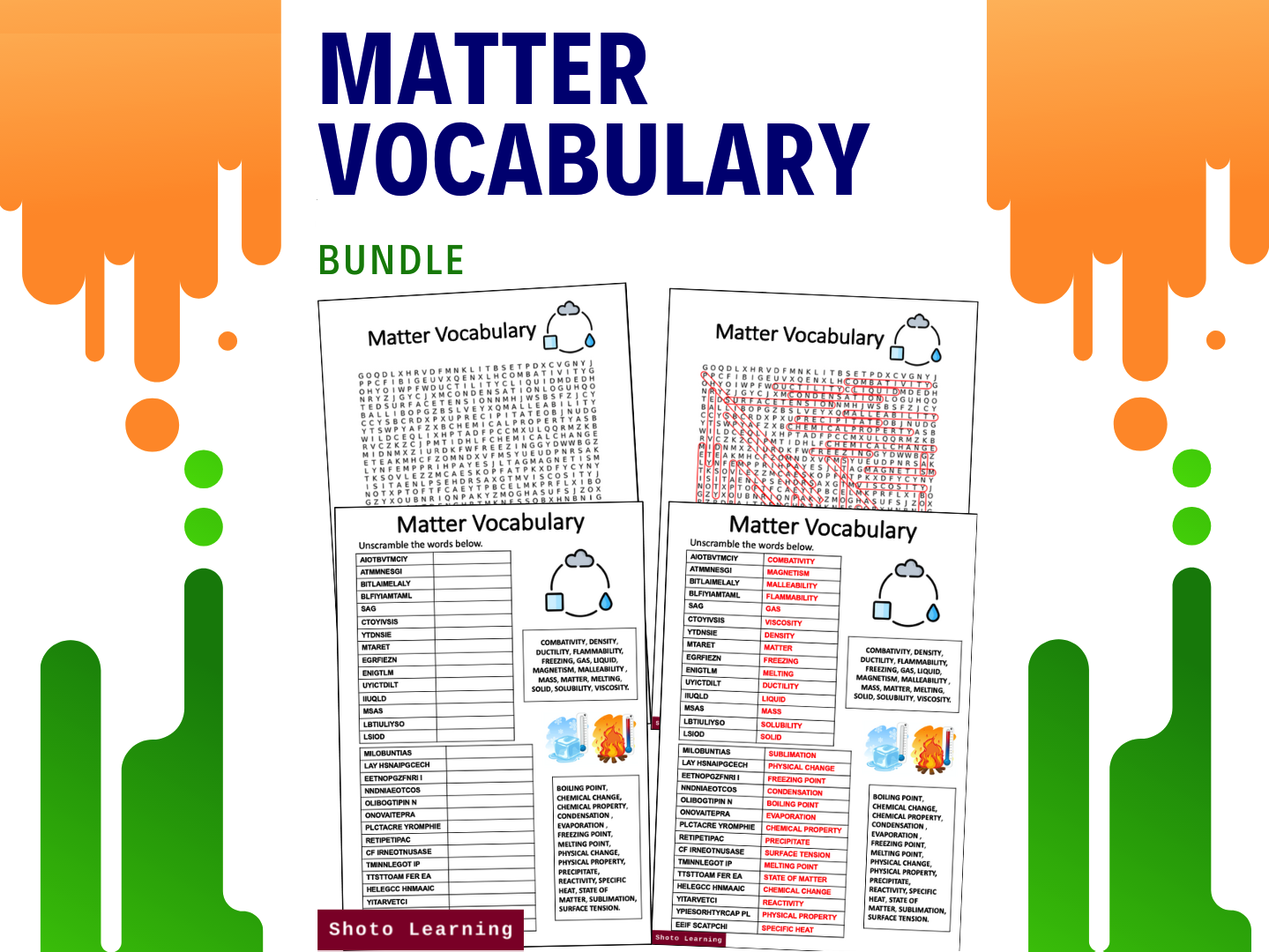MATTER VOCABULARY SCIENCE ACTIVITY BUNDLE WORD FIND SCRAMBLE WORDS