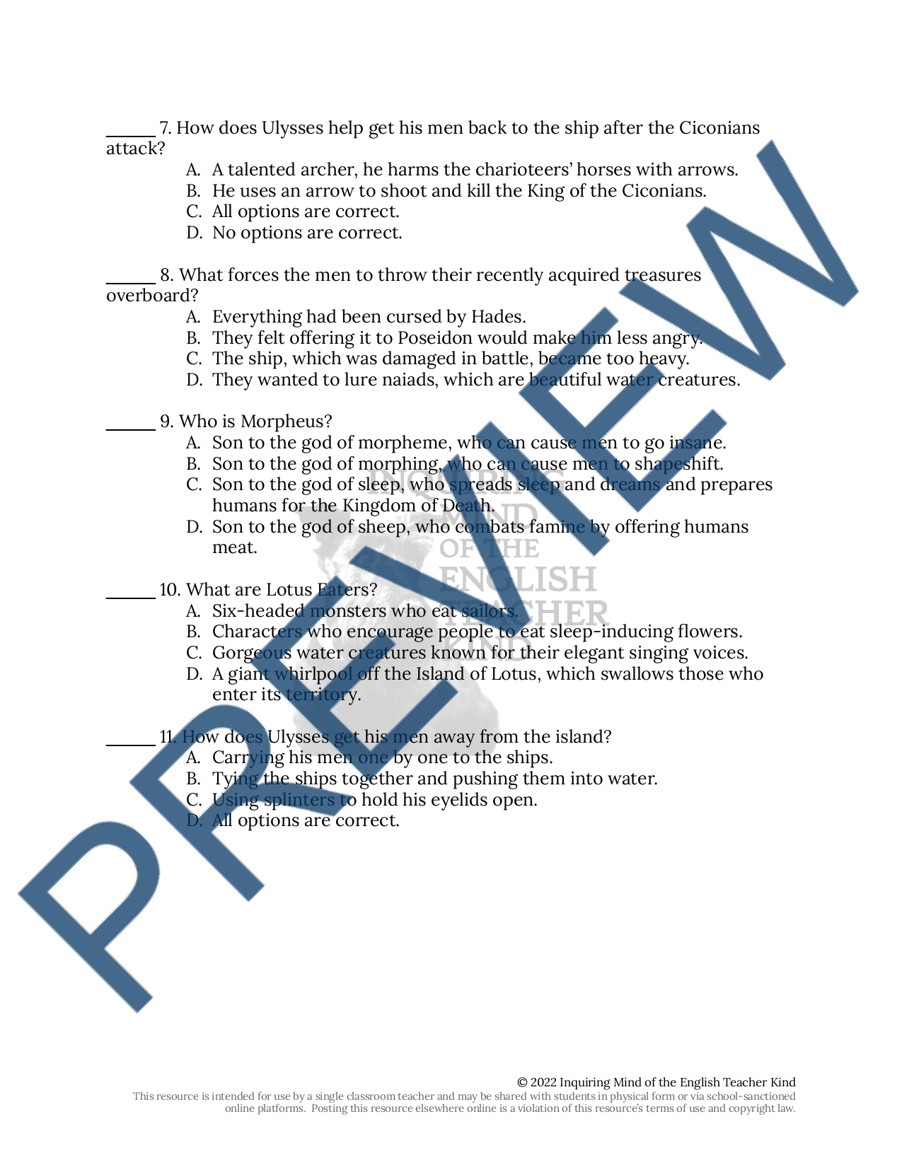 Adventures of Ulysses Prologue through Chapter 3 Quiz and Answer Key ...
