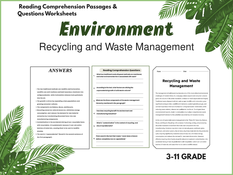 Recycling and Waste Management Reading Comprehension Passages & Questions worksheet