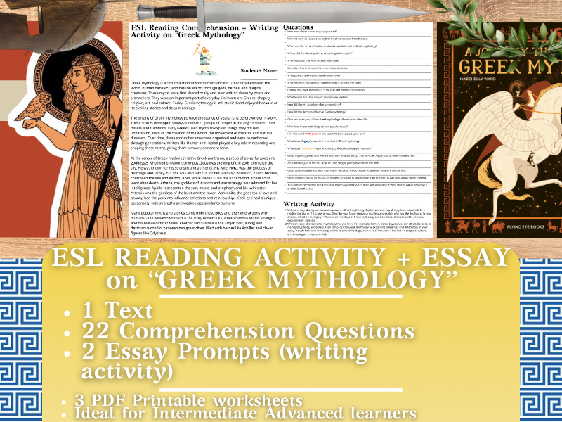ESL Reading Comprehension + Writing Activity Worksheets on Greek Mythology