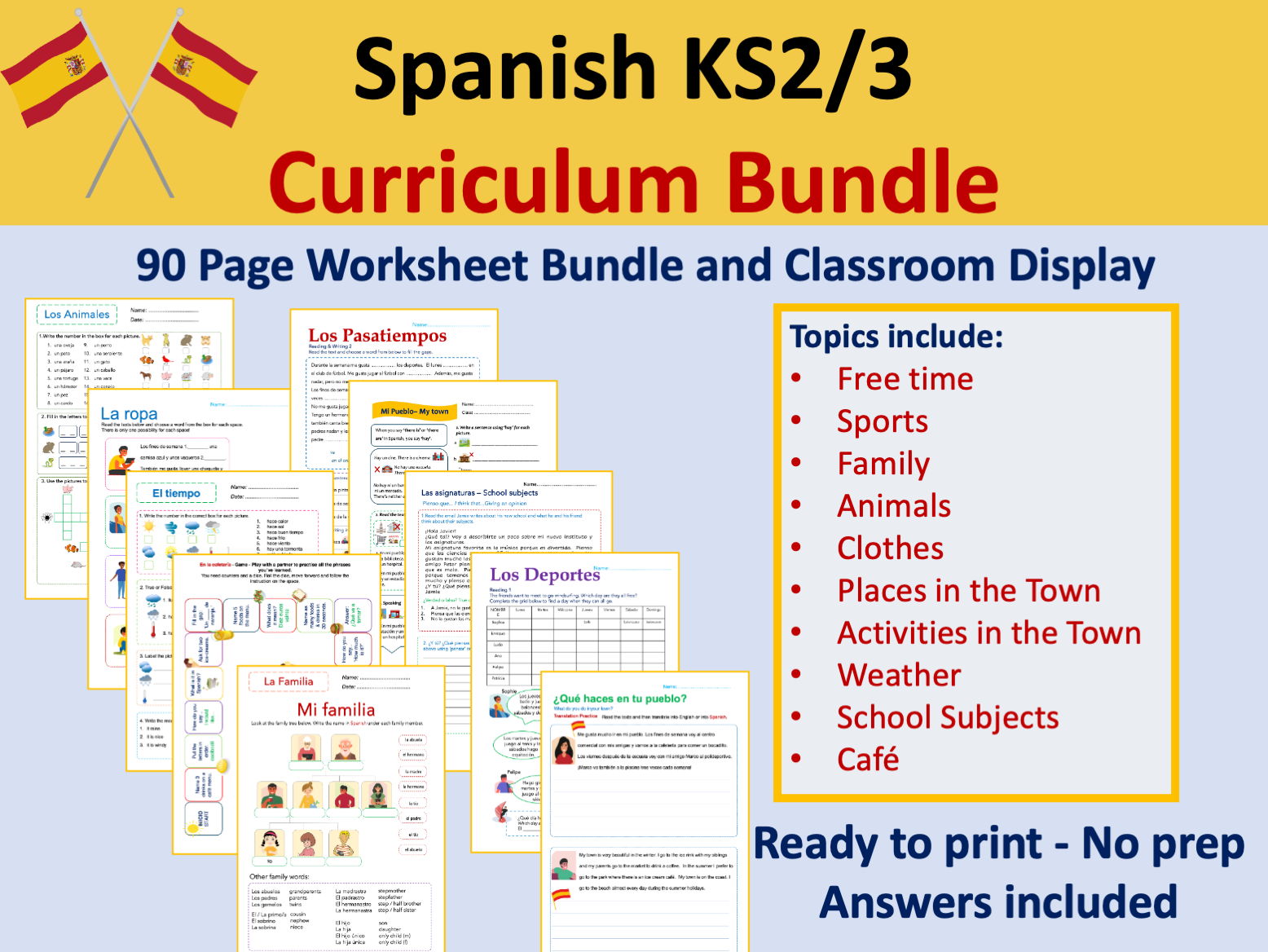 Spanish KS2 / KS3 Curriculum & Display Bundle | 10 Resource Packs | 90 Pages Answers included