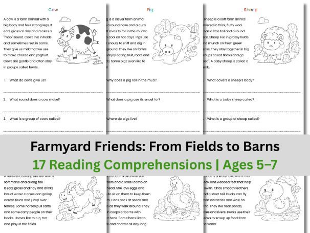 FREE Farm Animals Reading Comprehension Workbook | 17 Fun Non-Fiction Passages for KS1