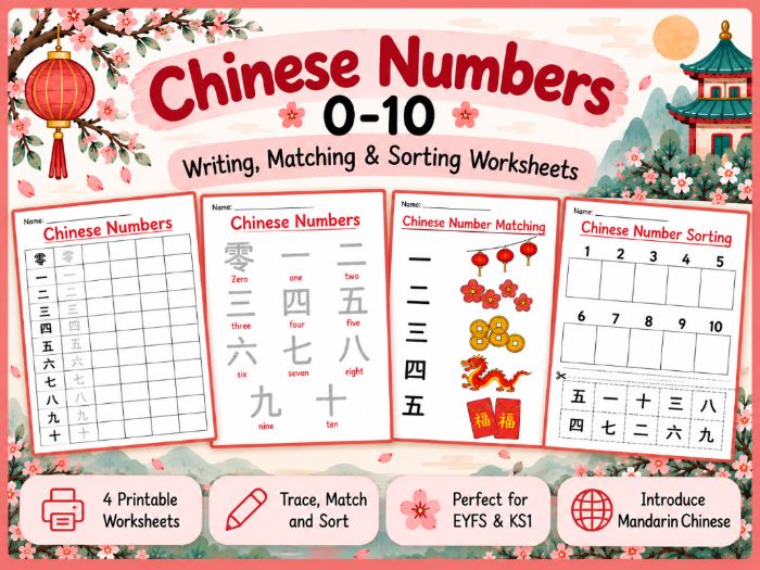 Chinese Numbers 0–10 | Mandarin Writing, Matching & Sorting Worksheets | EYFS & KS1