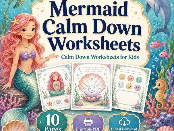 Mermaid Calm Down Worksheets | Calm Down Worksheets for Kids | Printable PDF | Digital Download