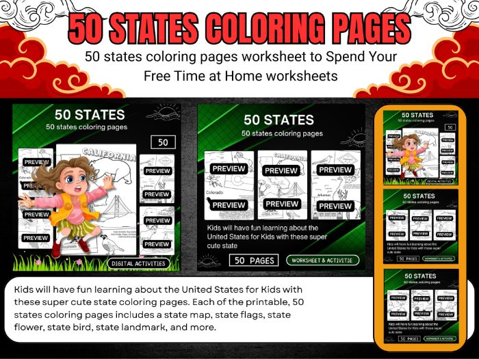 50 states coloring pages worksheets and Activities for kids