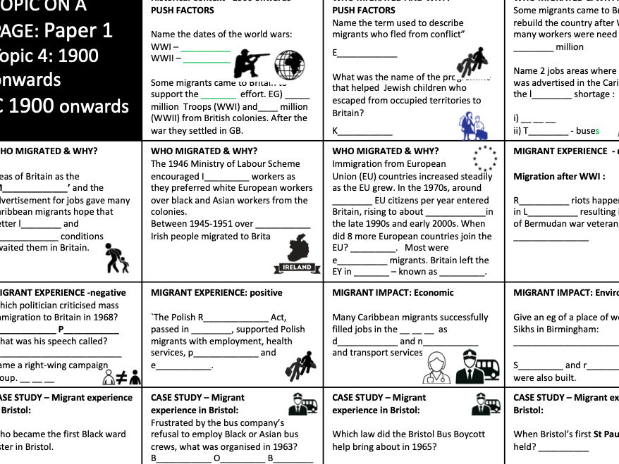 EDEXCEL 9-1 GCSE HISTORY. MigrationTopic on a Page - TOPIC 4: 1900 onwards C 1900 onwards