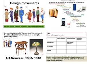 Design movements. arts and crafts, art nouveau, bauhaus.