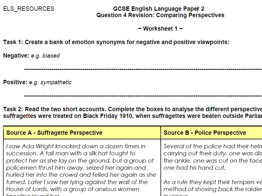 AQA English Language Paper 2 Question 4 Comparing Perspectives Worksheets