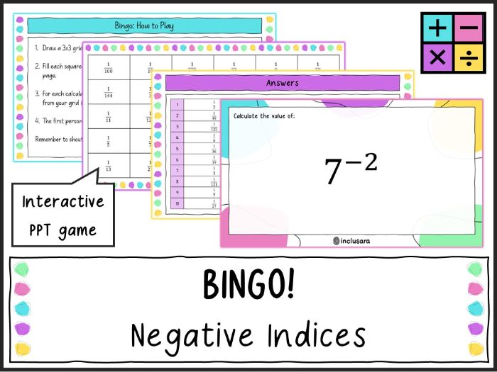 Negative Indices Bingo Game, Laws of Indices Negative Powers Game KS3/KS4