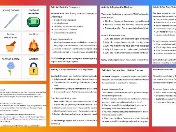GCSE History - Medicine Through Time: The Great Plague Reasoning Activities