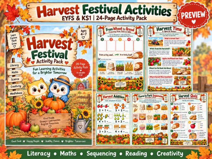 Harvest Festival Activities | EYFS & KS1 | Autumn Maths, Literacy & Worksheets