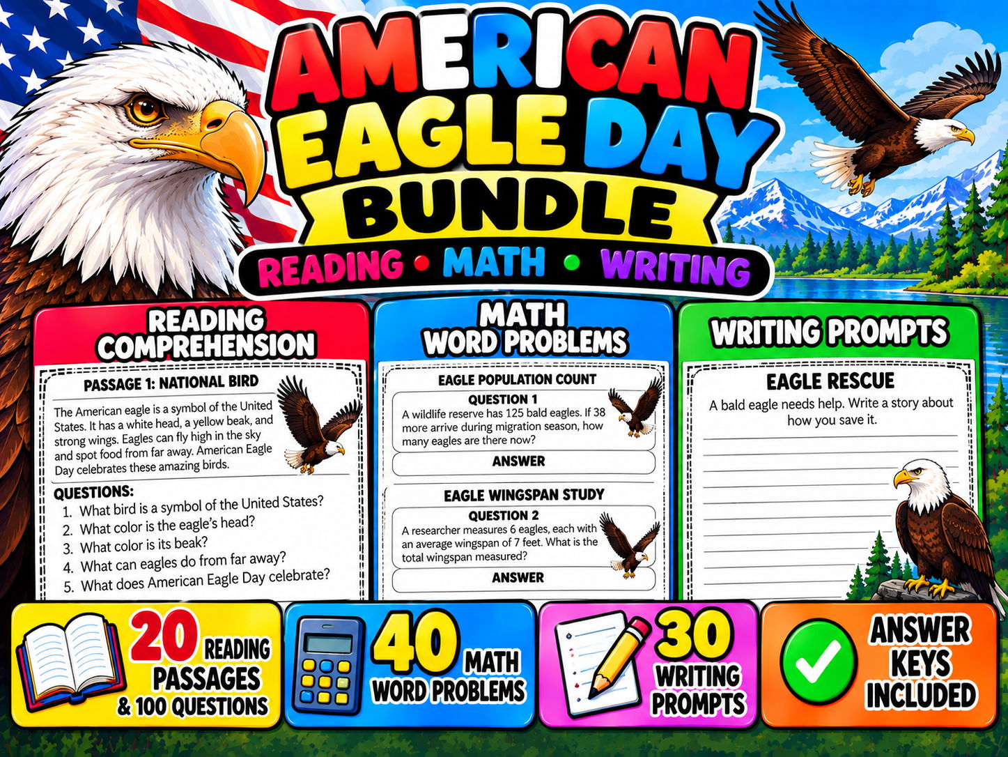 American Eagle Day Bundle | Reading Comprehension, Math Word Problems & Writing